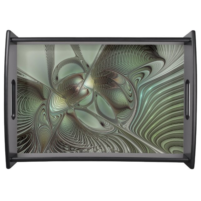 Abstract Olive Sage Green Gray Fractal Art Fantasy Serving Tray (Front)