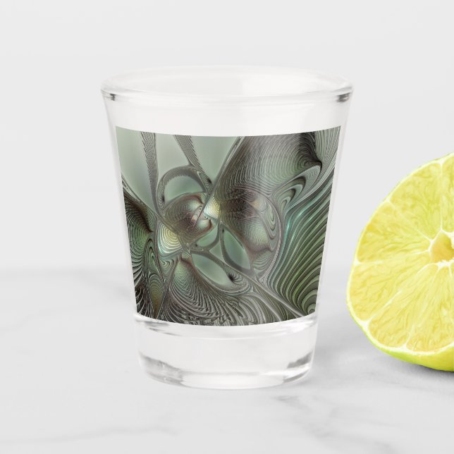 Abstract Olive Sage Green Gray Fractal Art Fantasy Shot Glass (Front)