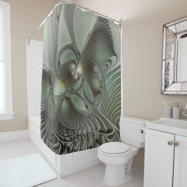 Abstract Olive Sage Green Gray Fractal Art Fantasy Shower Curtain (In Situ)
