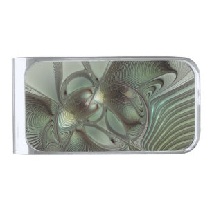 Abstract Olive Sage Green Gray Fractal Art Fantasy Silver Finish Money Clip