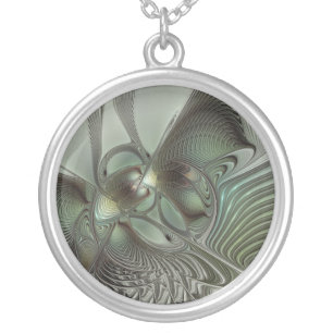 Abstract Olive Sage Green Gray Fractal Art Fantasy Silver Plated Necklace