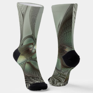 Abstract Olive Sage Green Gray Fractal Art Fantasy Socks