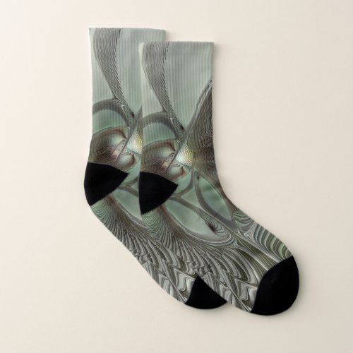 Abstract Olive Sage Green Gray Fractal Art Fantasy Socks