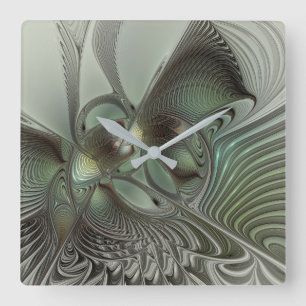 Abstract Olive Sage Green Gray Fractal Art Fantasy Square Wall Clock