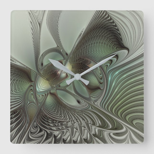 Abstract Olive Sage Green Gray Fractal Art Fantasy Square Wall Clock (Front)
