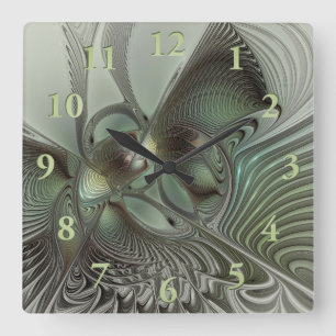 Abstract Olive Sage Green Gray Fractal Art Fantasy Square Wall Clock