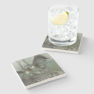 Abstract Olive Sage Green Gray Fractal Art Fantasy Stone Coaster