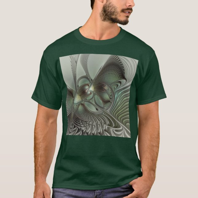 Abstract Olive Sage Green Gray Fractal Art Fantasy T-Shirt (Front)