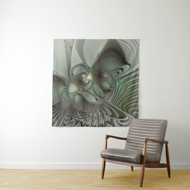 Abstract Olive Sage Green Gray Fractal Art Fantasy Tapestry (In Situ)
