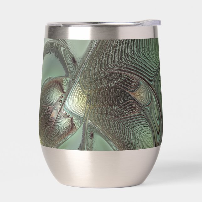 Abstract Olive Sage Green Gray Fractal Art Fantasy Thermal Wine Tumbler (Left)