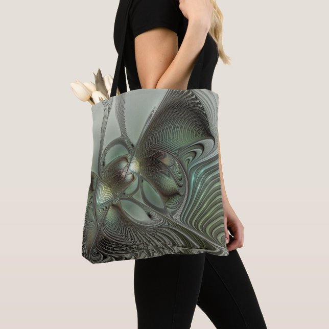 Abstract Olive Sage Green Gray Fractal Art Fantasy Tote Bag (Close Up)