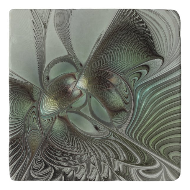 Abstract Olive Sage Green Gray Fractal Art Fantasy Trivet (Front)