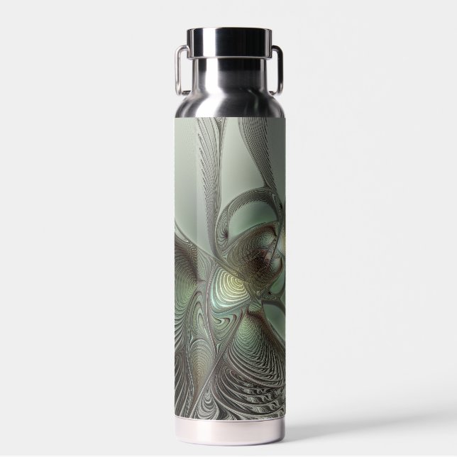 Abstract Olive Sage Green Gray Fractal Art Fantasy Water Bottle (Front)