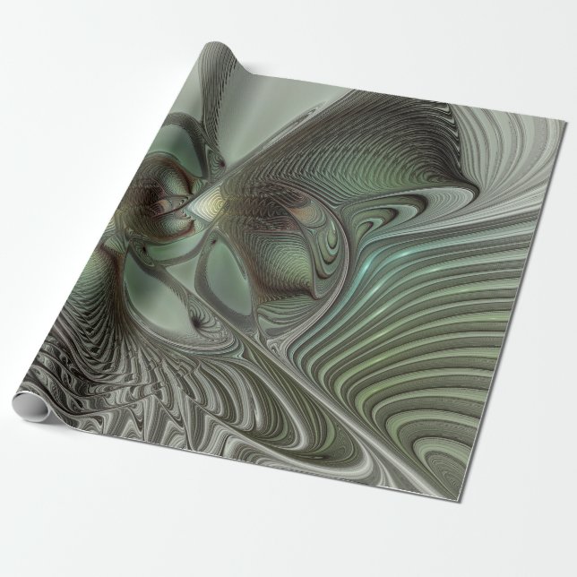 Abstract Olive Sage Green Gray Fractal Art Fantasy Wrapping Paper (Unrolled)