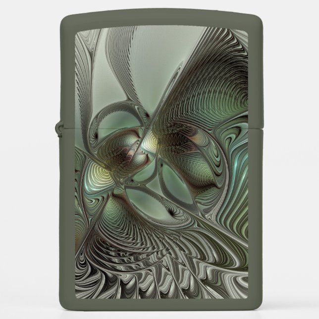 Abstract Olive Sage Green Gray Fractal Art Fantasy Zippo Lighter (Front)