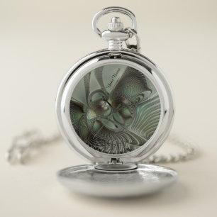 Abstract Olive Sage Green Gray Fractal Art Name Pocket Watch