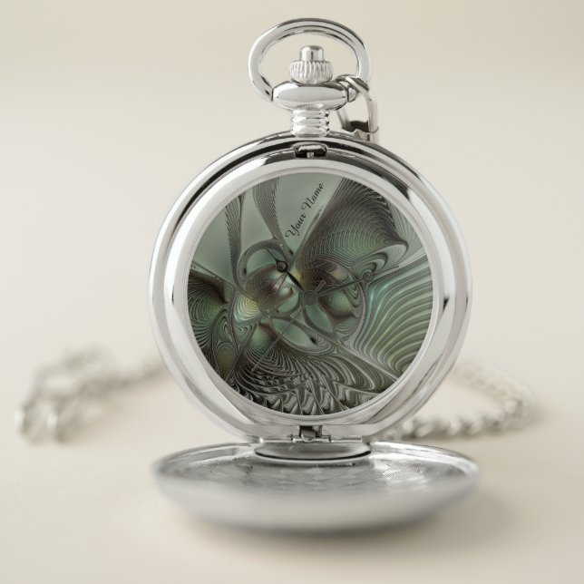 Abstract Olive Sage Green Gray Fractal Art Name Pocket Watch (Inside)