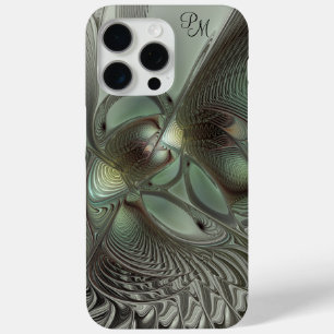 Abstract Olive Sage Green Gray Fractal Initials iPhone 15 Pro Max Case