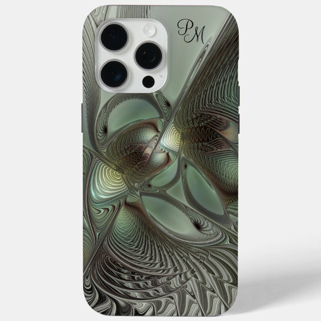 Abstract Olive Sage Green Gray Fractal Initials Case-Mate iPhone Case (Back)