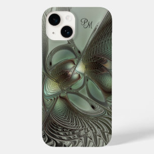 Abstract Olive Sage Green Gray Fractal Initials Case-Mate iPhone 14 Case