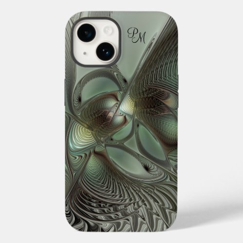 Abstract Olive Sage Green Gray Fractal Initials Case_Mate iPhone 14 Case
