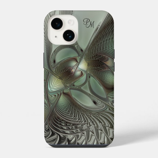 Abstract Olive Sage Green Gray Fractal Initials Iphone Case (Back)