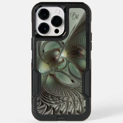 Abstract Olive Sage Green Gray Fractal Initials OtterBox iPhone 14 Pro Max Case