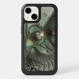 Abstract Olive Sage Green Gray Fractal Initials OtterBox iPhone 14 Case