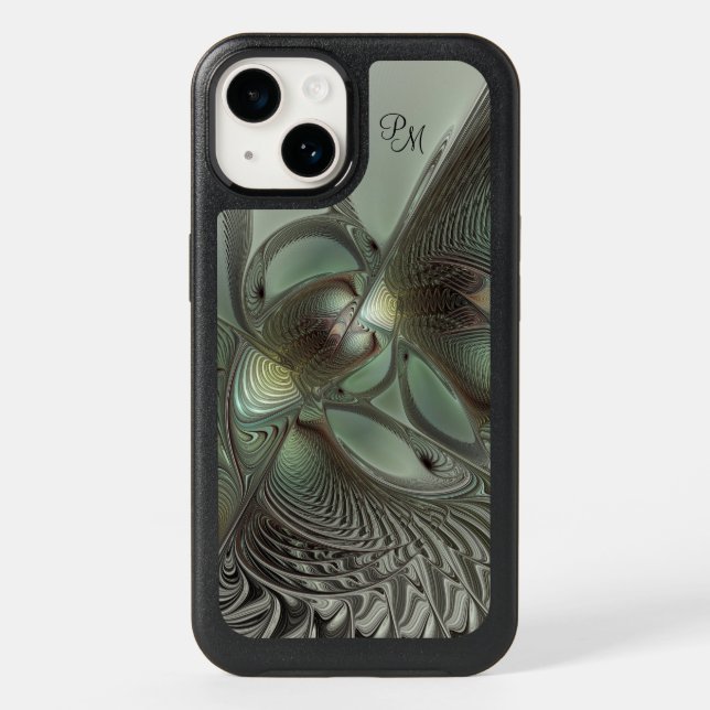Abstract Olive Sage Green Gray Fractal Initials Otterbox iPhone Case (Back)