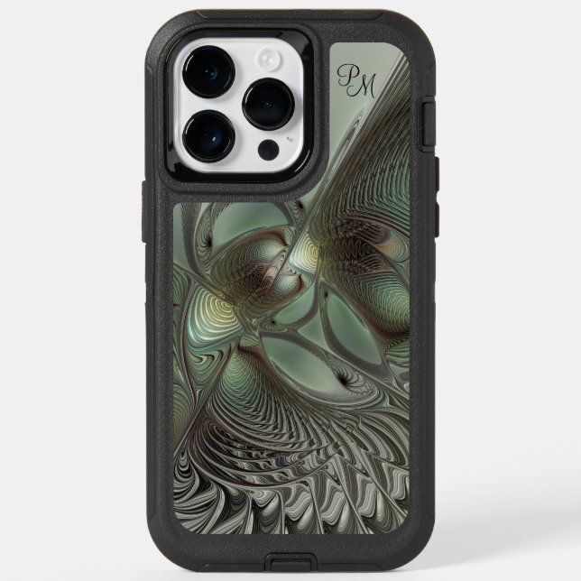 Abstract Olive Sage Green Gray Fractal Initials Otterbox iPhone Case (Back)