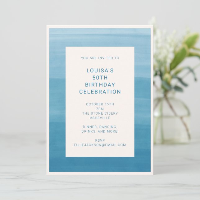 Abstract Ombre Gradient Ocean Blue 50th Birthday Invitation (Standing Front)