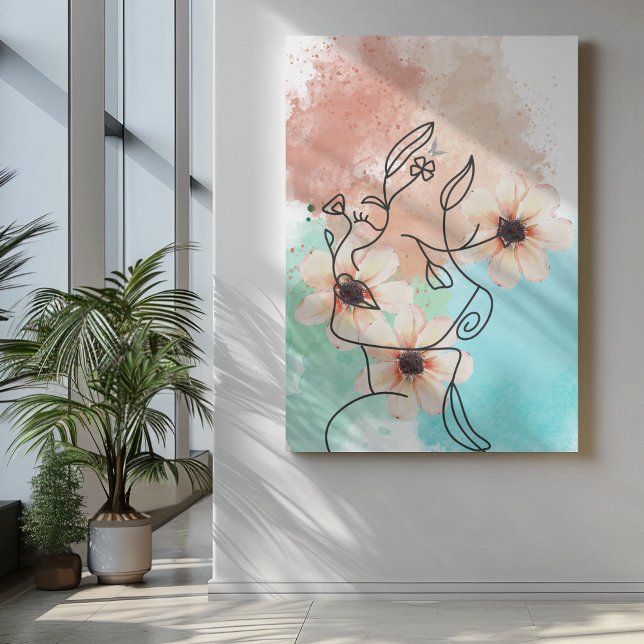 Abstract one line face art with pink flower lips  canvas print (Creator Uploaded)
