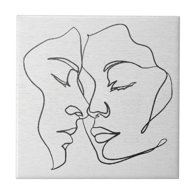 Abstract One Line Lovers Face Ceramic Tile (Front)