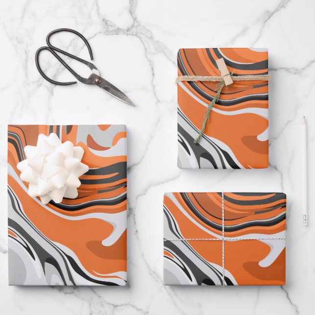 Abstract Orange and Black Fluid Art Wrapping Paper Sheets (Front)