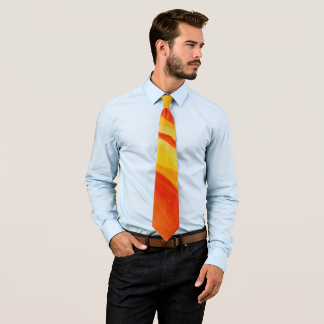 abstract orange and gold paint pattern neck tie (In Situ)