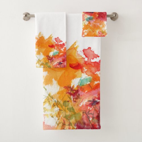 Abstract Orange and White Watercolor Floral  2 Bath Towel Set