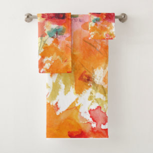 Abstract Orange and White Watercolor Floral  Bath Towel Set