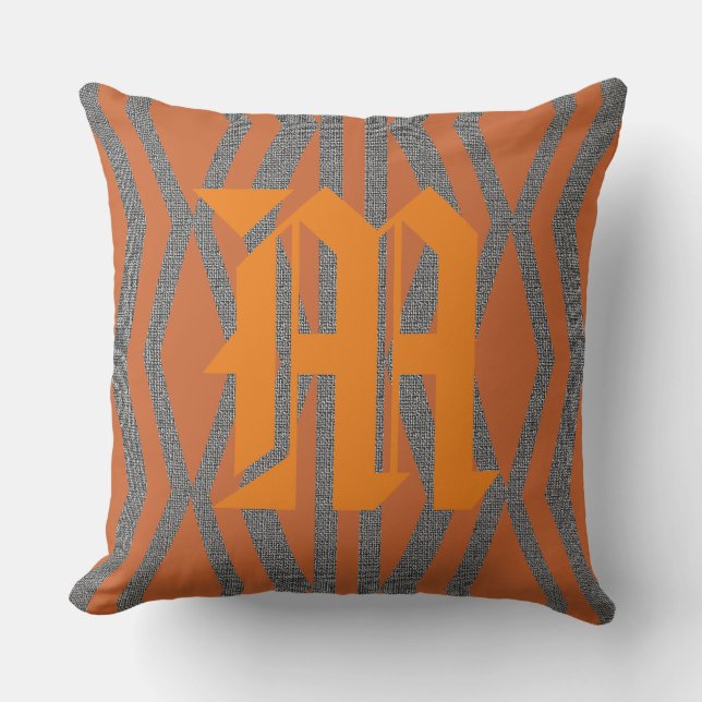 Abstract Orange Gray Pattern Custom Monogram Throw Pillow (Front)