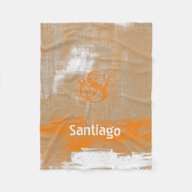 Abstract orange gray white Your name Monogram Fleece Blanket (Front)