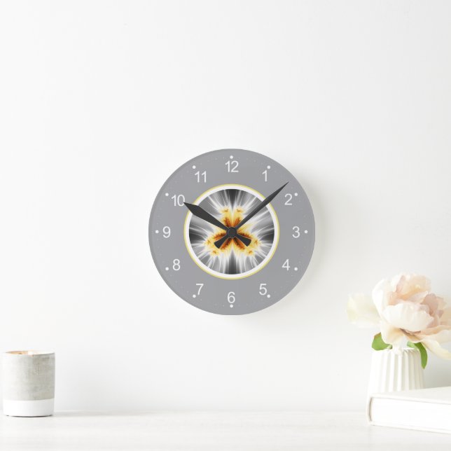 Abstract Orange Grey Fractal Round Clock (Home)
