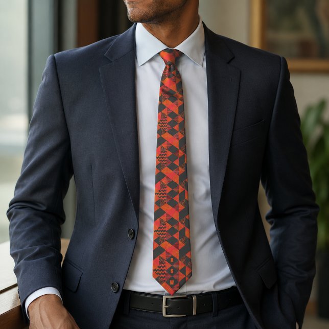 Abstract Orange Grey Geometric Monogram Neck Tie (Creator Uploaded)