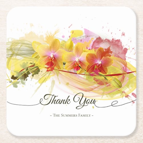 Abstract Orchids Color Splash Calligraphy Square Paper Coaster