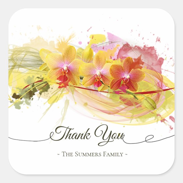 Abstract Orchids Color Splash Calligraphy Square Sticker (Front)