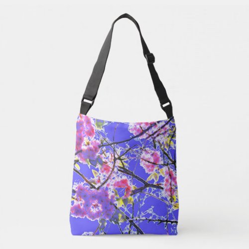 Abstract oriental flower blossom print blue crossbody bag