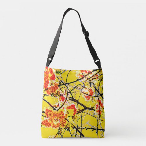 Abstract oriental flower blossom print yellow crossbody bag