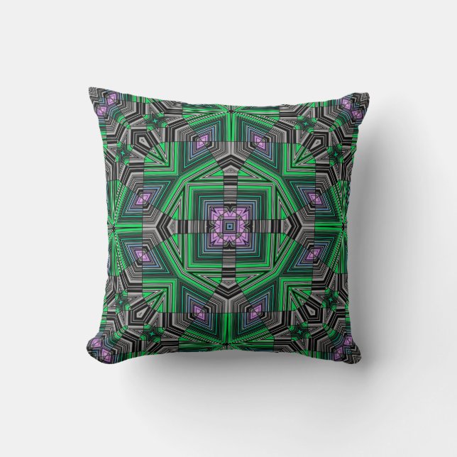 Abstract ornamental lined striped green dark folk throw pillow (Front)