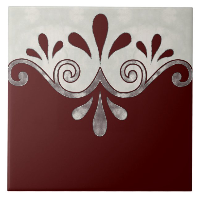 Abstract ornamental shape in burgundy and silver ceramic tile (Front)