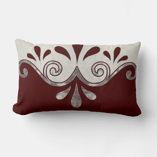 Abstract ornamental shape in burgundy and silver lumbar pillow (Front)