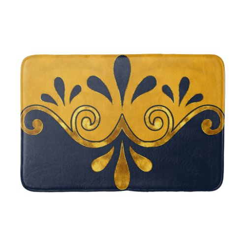 Abstract ornamental shape in navy blue and gold bath mat