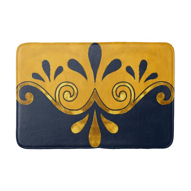 Abstract ornamental shape in navy blue and gold bath mat (Front)